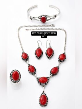 925 Red Coral Jewelry Set - Elegant Women's Necklace, Earrings, Bracelet & Ring